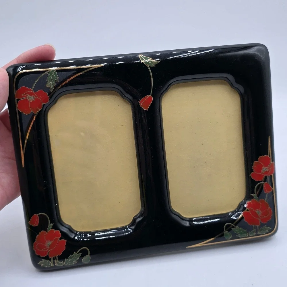 Vintage Double Photo Frame Black Ceramic Red Flowers Bird Japan Holds 4.5x3